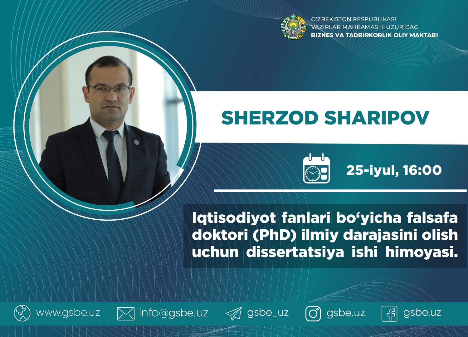 Sharipov Sherzod Shavkatovichning iqtisodiyot fanlari bo‘yicha falsafa doktori (PhD) dissertatsiya ishi himoyasi to‘g‘risida